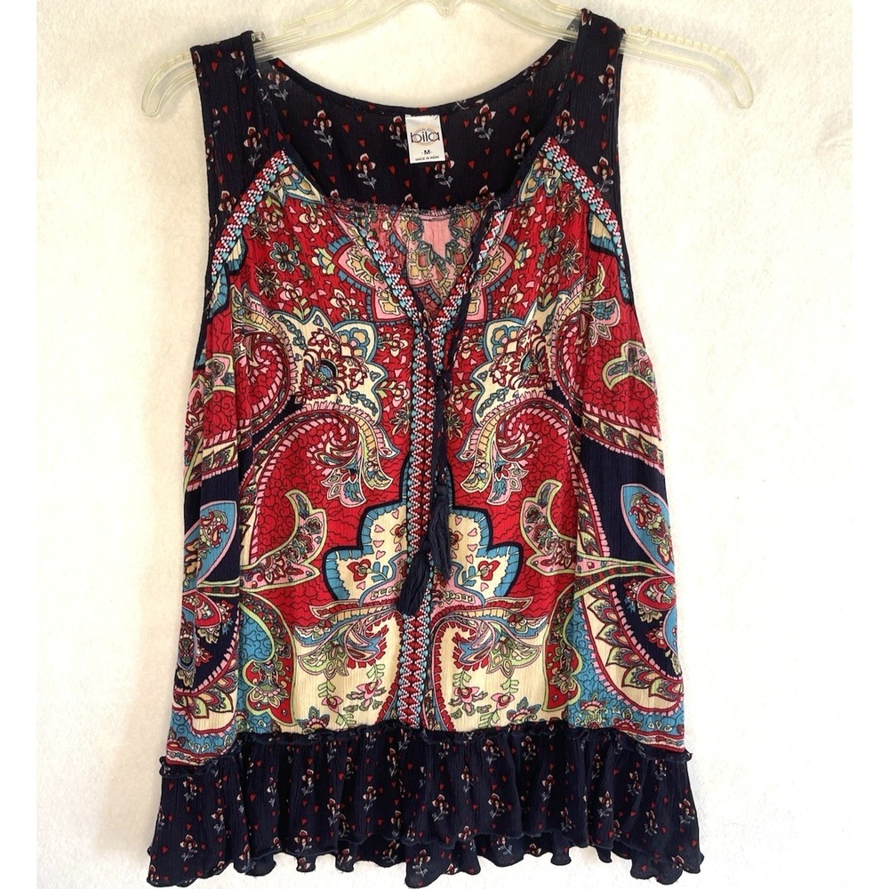 Boho Peasant Hippie Festival Paisley Floral Ruffled Bottom Sleeveless Top M